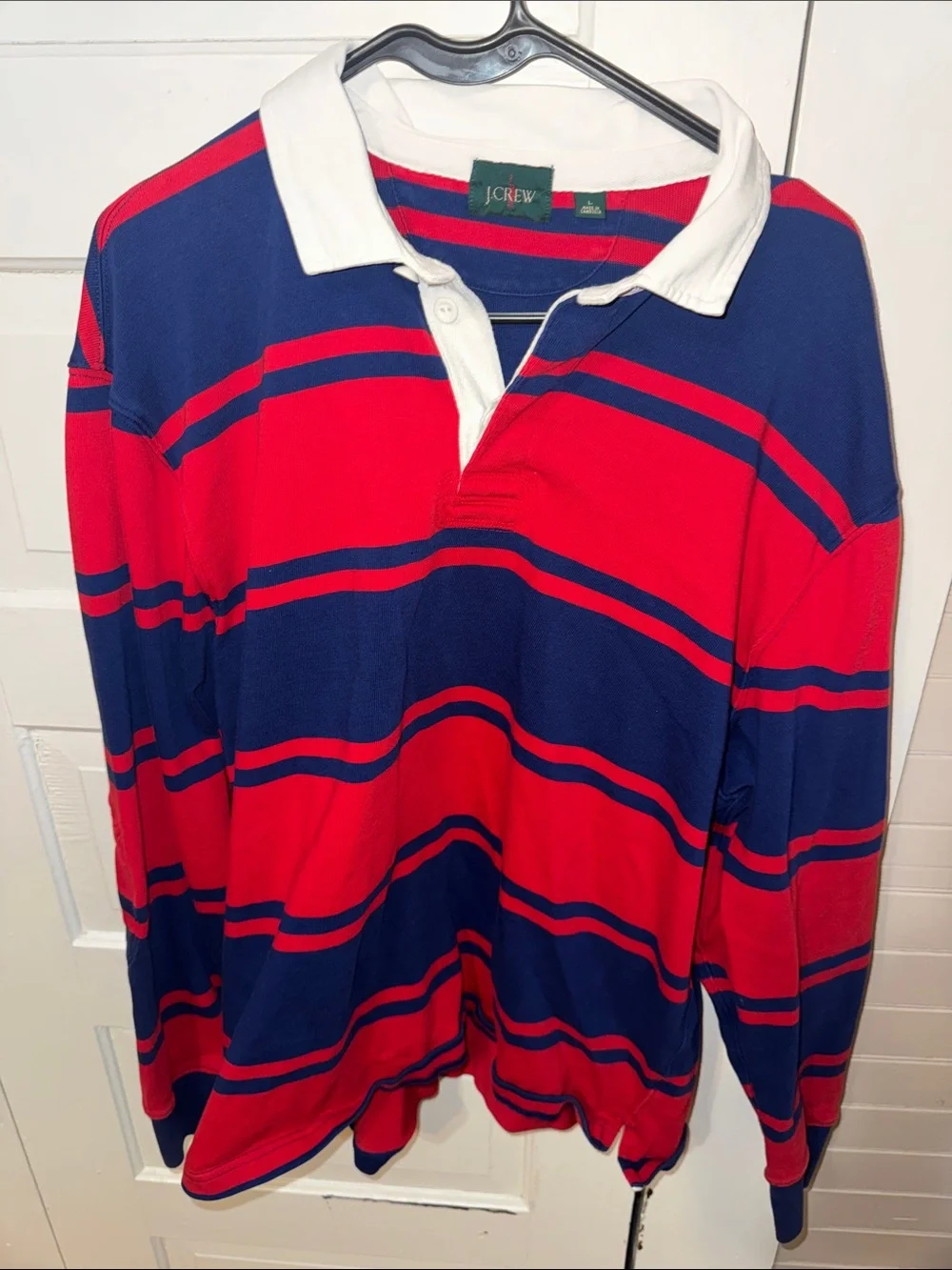 J. Crew Men’s Red and Navy Striped Rugby Polo White Collar Long Sleeve L VTG